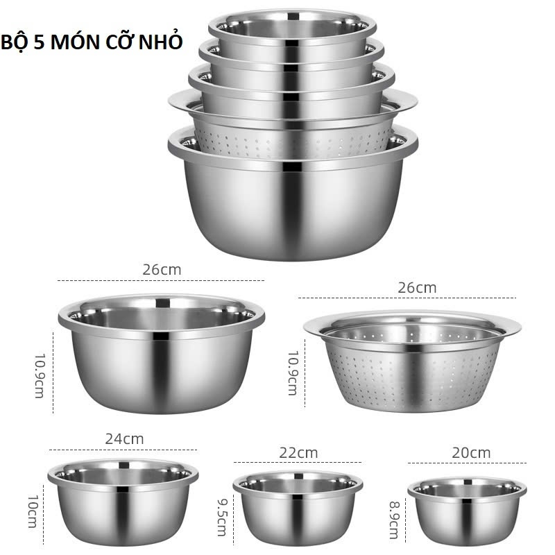 Bộ thau rổ inox 304 vo gạo, rửa rau củ quả tiện lợi, Chậu kèm rổ inox ...