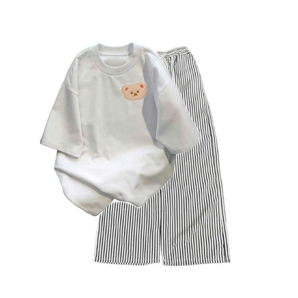 Sét bộ quần ống suông kẻ sọc dọc + mix áo phông - in gấu dâu