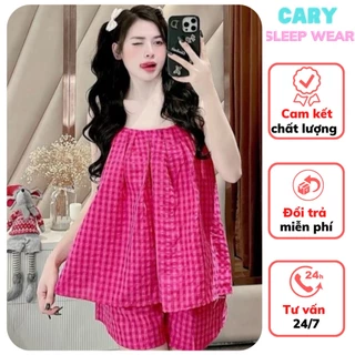 Đồ bộ ngủ hai dây caro mặc nhà mùa hè dễ thương, set bộ đồ ngủ hai dây xếp ly cute CARY