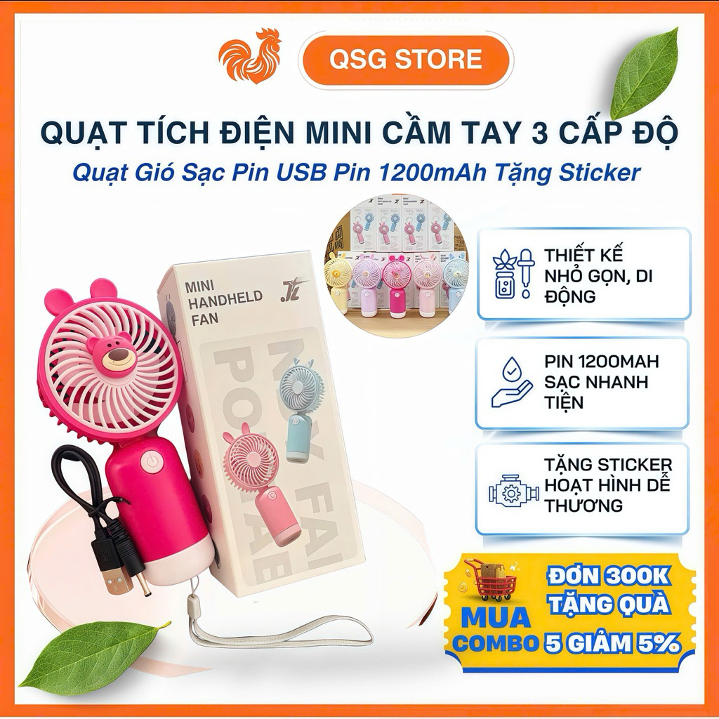Quạt Tích Điện Mini Cầm Tay 3 Cấp Độ Gió Sạc Pin Usb Dung Lượng Pin ...