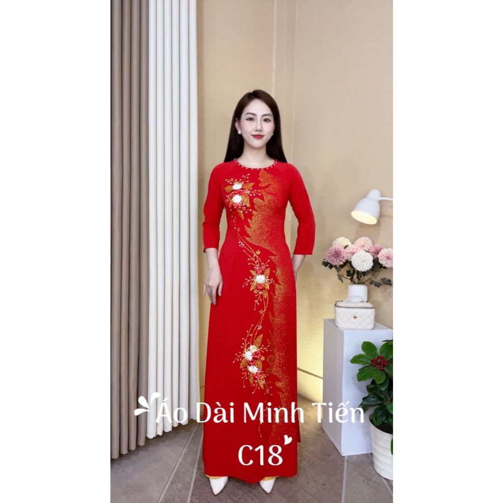 Áo Dài Lụa Mỹ Cao Cấp Họa Tiết Thêu Ruy Băng Nổi + Vẽ Kim Tuyến Thủ Công Tỉ Mỉ - Mã C18
