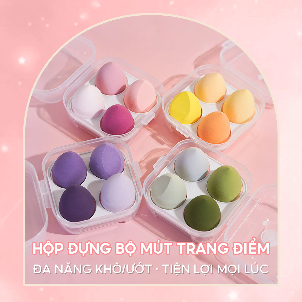 Hộp 4 mút trang điểm hình trứng kèm hộp đựng