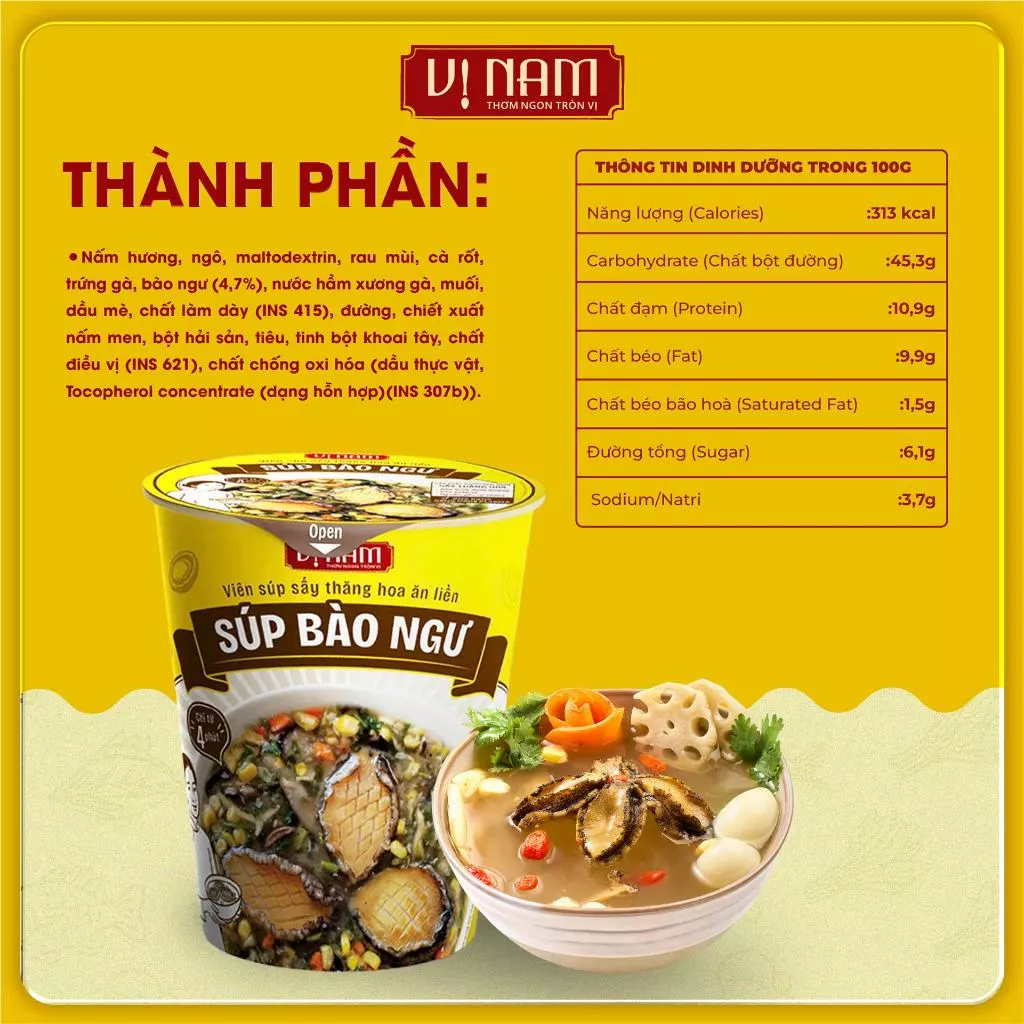 Cốc Súp bào ngư - Viên súp sấy thăng hoa ăn liền: Súp bào ngư - Vị Nam - 01 cốc 13 gam