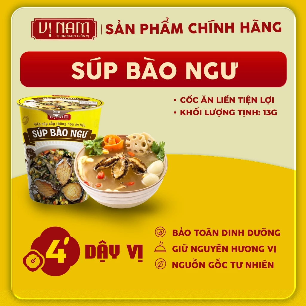 Cốc Súp bào ngư - Viên súp sấy thăng hoa ăn liền: Súp bào ngư - Vị Nam - 01 cốc 13 gam
