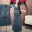LS_ Set đầm váy jean, set công sở mặc hè áo tay hến cài nút kèm chân váy Jeasn dáng dài xẻ