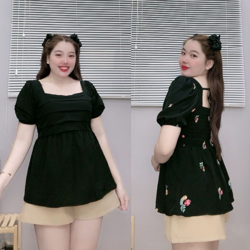 Bộ Đồ Quần Áo Thời Trang Bigsize Nữ Thiết Kế Nhún Trước Cổ Vuông Tay Bồng Cách Điệu SET55