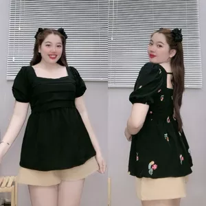 Bộ Đồ Quần Áo Thời Trang Bigsize Nữ Thiết Kế Nhún Trước Cổ Vuông Tay Bồng Cách Điệu SET55