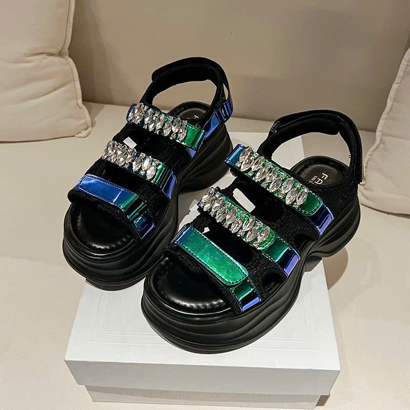 (Sẵn đen, trắng 39) Giày Sandal Đế Độn 6cm Đính Đá Đi Học Đi Chơi Phong Cách Hàn Quốc