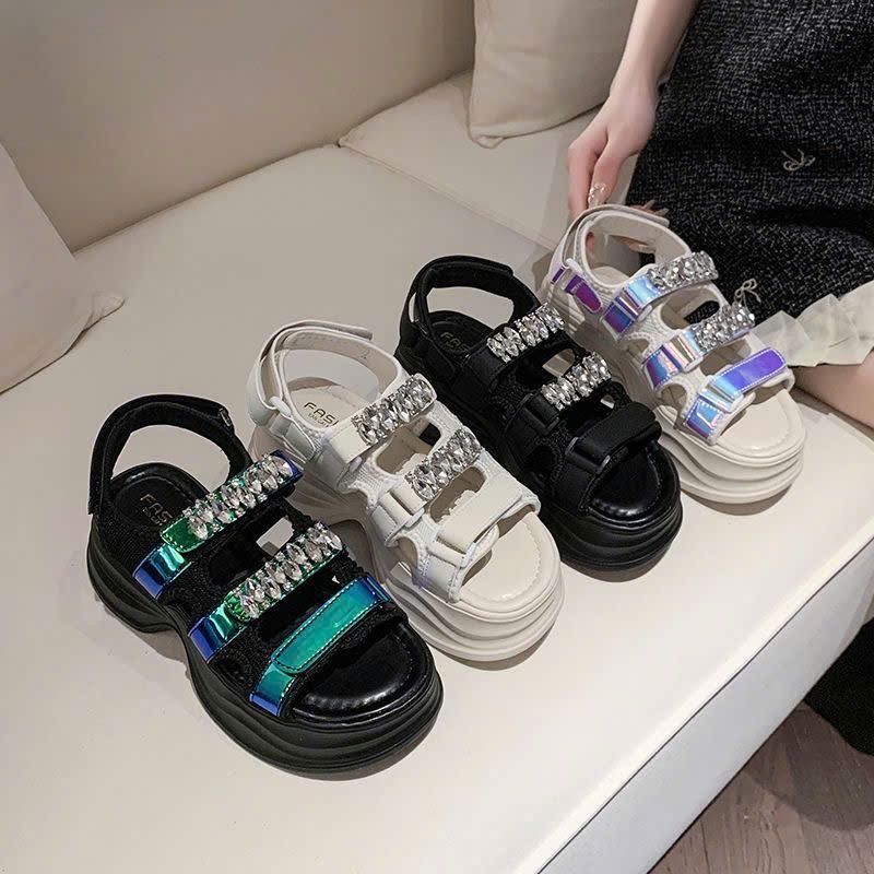 (Sẵn đen, trắng 39) Giày Sandal Đế Độn 6cm Đính Đá Đi Học Đi Chơi Phong Cách Hàn Quốc