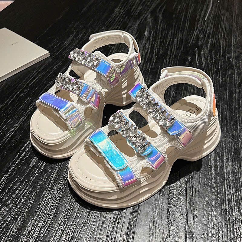 (Sẵn đen, trắng 39) Giày Sandal Đế Độn 6cm Đính Đá Đi Học Đi Chơi Phong Cách Hàn Quốc