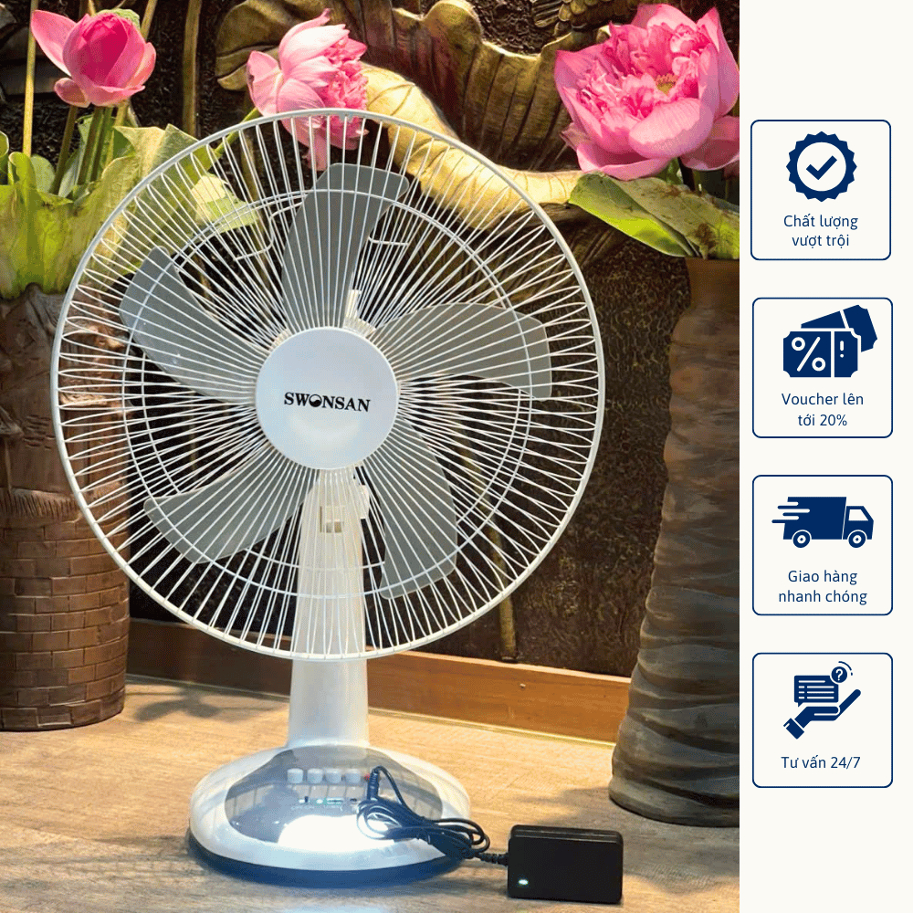 Quạt Năng Lượng Mặt Trời, Quạt Tích Điện Để Bàn SWONSAN Mô Tơ CHỔI THAN Sải Cánh 40CM 15W, Có Đèn LED Không Kèm Tấm NLMT