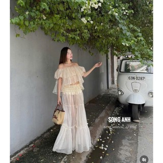 Set áo trễ vai nhún bồng bèo xòe phối chân váy maxi tơ dáng dài xinh xắn cá tính cho nàng đi chơi  – BaoTrang.clothes