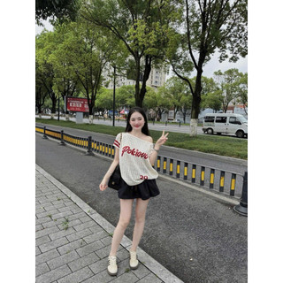 LT - Áo len đan lỗ lệch vai hoạ tiết chữ, fom rộng giấu quần free size 1077