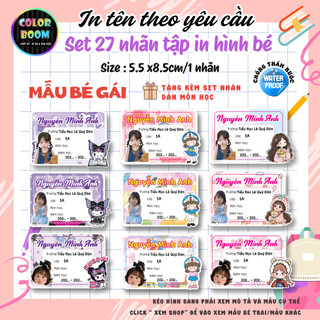 Set 27 nhãn vở in hình bé theo yêu cầu | Dán vở chống thấm nước | Có in tên, lớp, trường - ColorBoom
