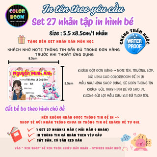 Set 27 nhãn vở in hình bé theo yêu cầu | Dán vở chống thấm nước | Có in tên, lớp, trường - ColorBoom