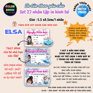 Set 27 nhãn vở in hình bé theo yêu cầu | Dán vở chống thấm nước | Có in tên, lớp, trường - ColorBoom