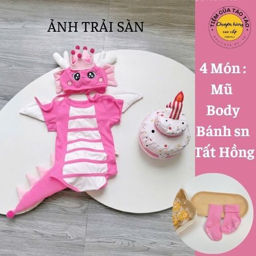 (SẴN SHIP- HOẢ TỐC )Bodysuit Rồng Xanh Lá Cây kèm mũ,túi, bánh sinh nhật và tặng kèm tất cho bé HÀN QUỐC size7-13kg,body