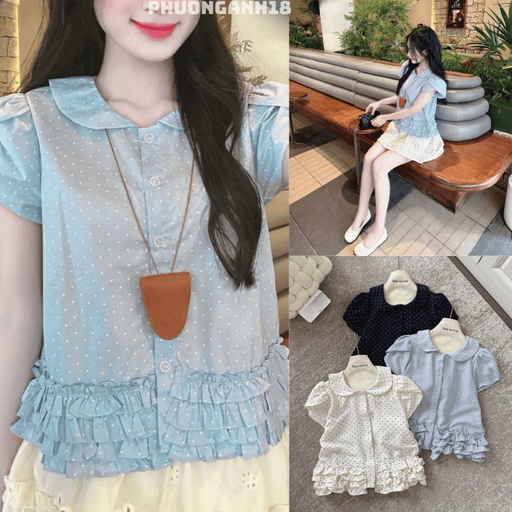 [Deal mở bán] Áo sơmi cổ bèo tay cánh tiên họa tiết chấm bi hàng QC 26239 A118
