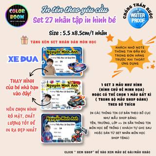 Set 27 nhãn vở in hình bé theo yêu cầu | Dán vở chống thấm nước | Có in tên, lớp, trường - ColorBoom