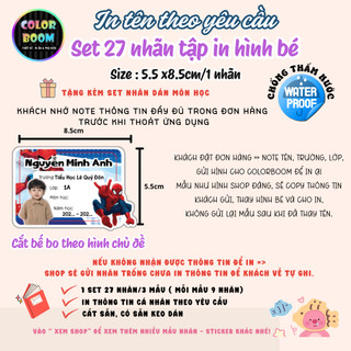 Set 27 nhãn vở in hình bé theo yêu cầu | Dán vở chống thấm nước | Có in tên, lớp, trường - ColorBoom