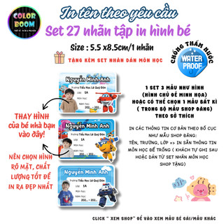Set 27 nhãn vở in hình bé theo yêu cầu | Dán vở chống thấm nước | Có in tên, lớp, trường - ColorBoom