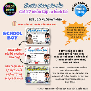 Set 27 nhãn vở in hình bé theo yêu cầu | Dán vở chống thấm nước | Có in tên, lớp, trường - ColorBoom