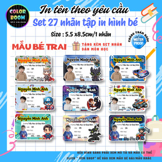 Set 27 nhãn vở in hình bé theo yêu cầu | Dán vở chống thấm nước | Có in tên, lớp, trường - ColorBoom