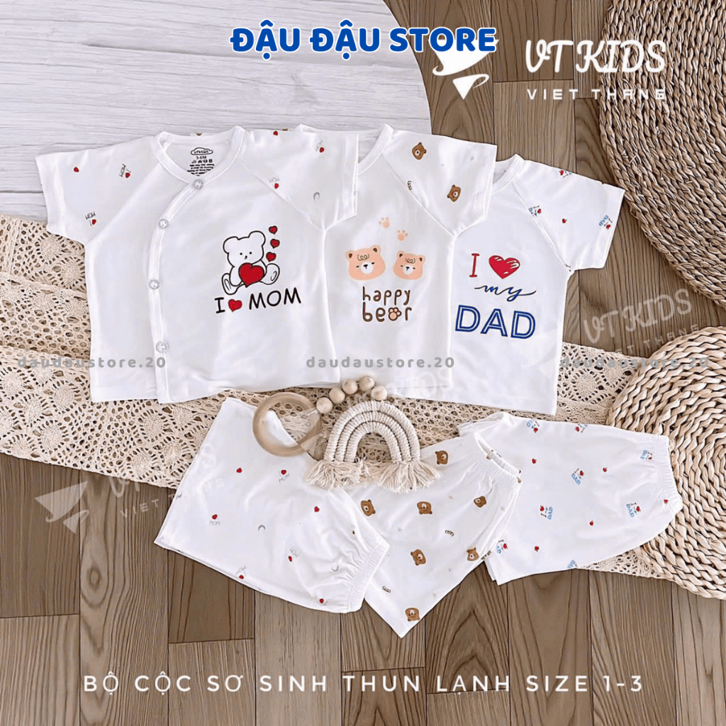 Set 3 Bộ cộc tay sơ sinh trắng trơn vải thun lạnh mềm mịn mát cho bé sơ sinh size 3-9kg [CL90] Đậu Đậu Store