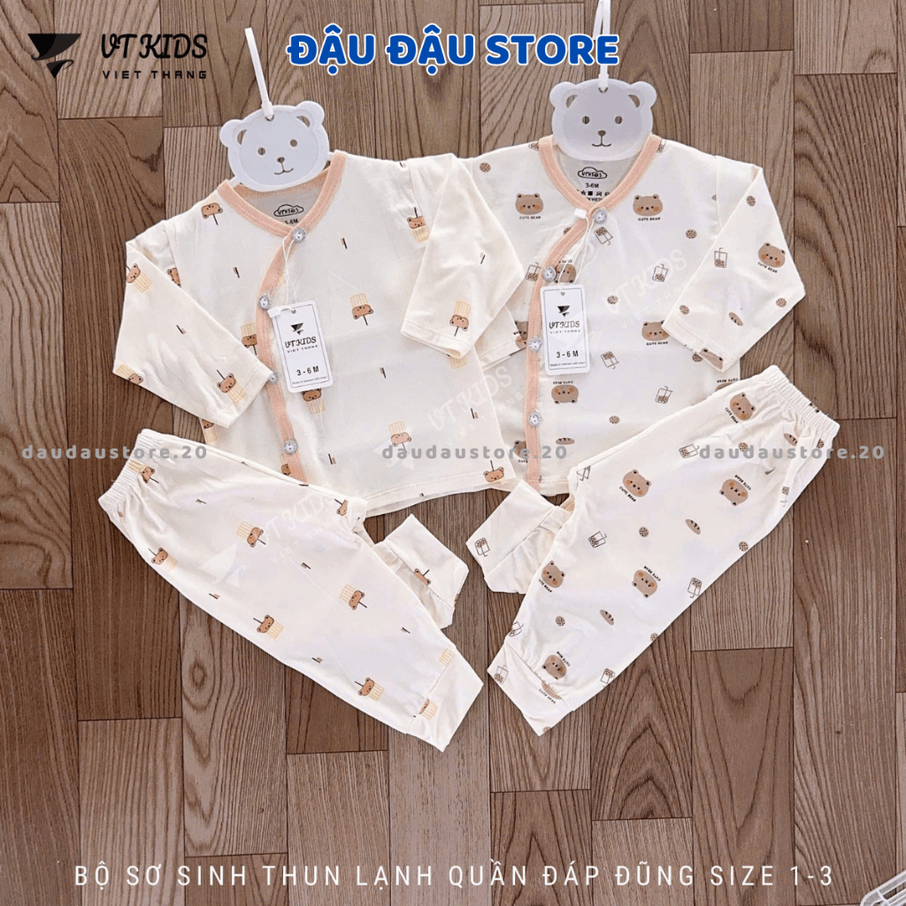 (Set 3-5) Bộ dài tay sơ sinh thun lạnh VT cho bé sơ sinh 3-9 kg nền kem vải thun lạnh in hoạ tiết DL160 Đậu Đậu Store