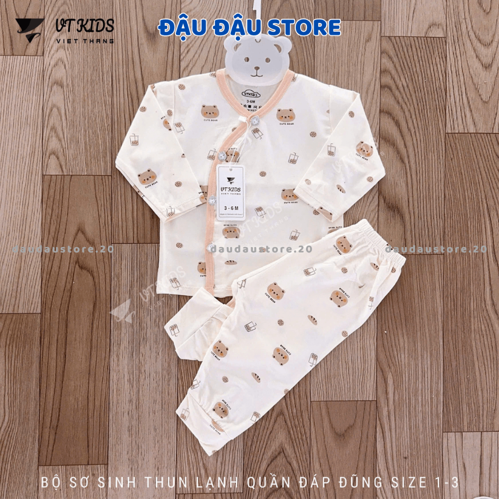 (Set 3-5) Bộ dài tay sơ sinh thun lạnh VT cho bé sơ sinh 3-9 kg nền kem vải thun lạnh in hoạ tiết DL160 Đậu Đậu Store