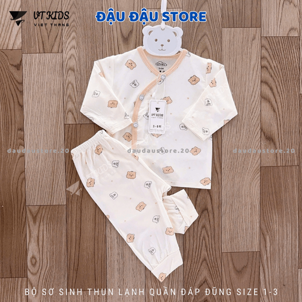(Set 3-5) Bộ dài tay sơ sinh thun lạnh VT cho bé sơ sinh 3-9 kg nền kem vải thun lạnh in hoạ tiết DL160 Đậu Đậu Store