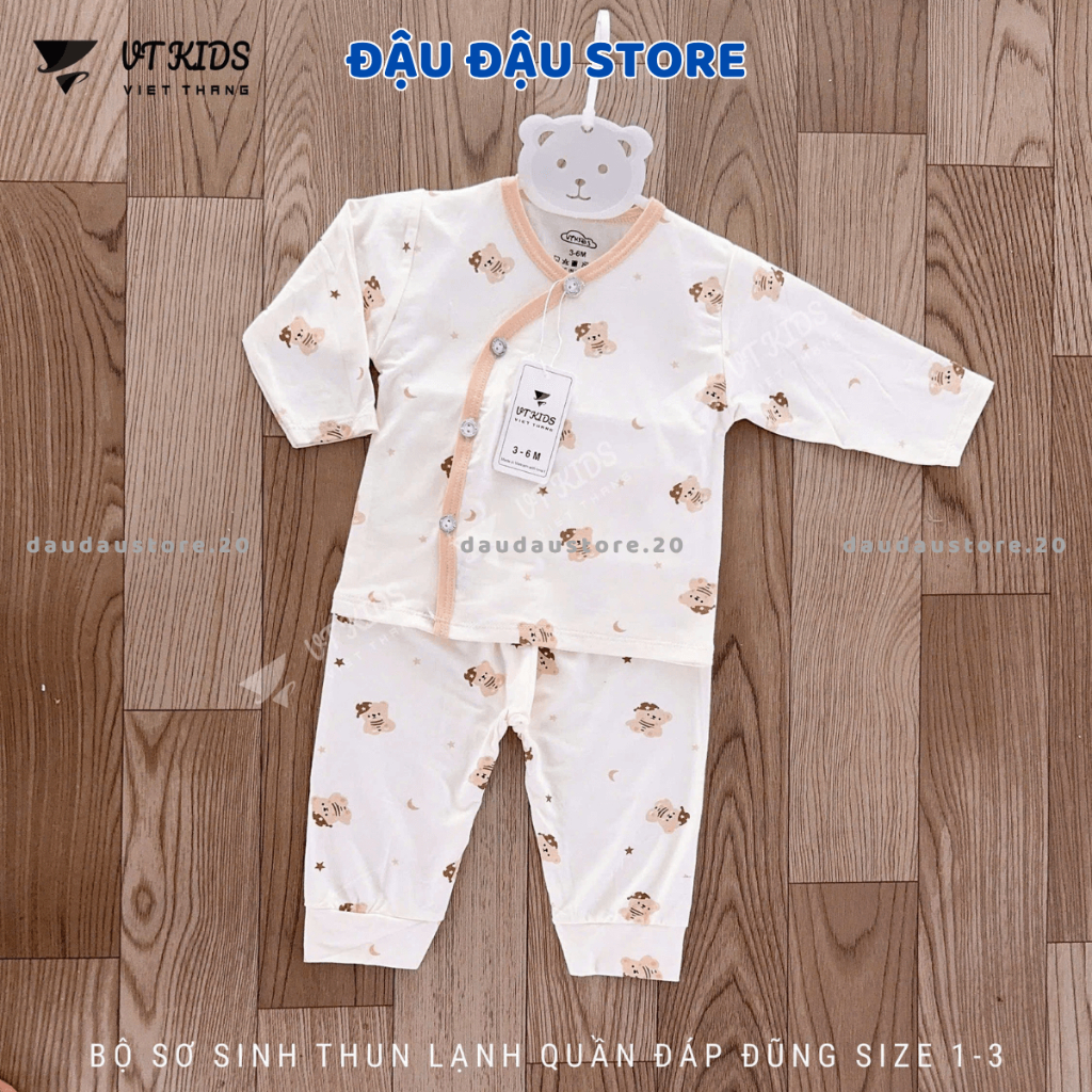 (Set 3-5) Bộ dài tay sơ sinh thun lạnh VT cho bé sơ sinh 3-9 kg nền kem vải thun lạnh in hoạ tiết DL160 Đậu Đậu Store