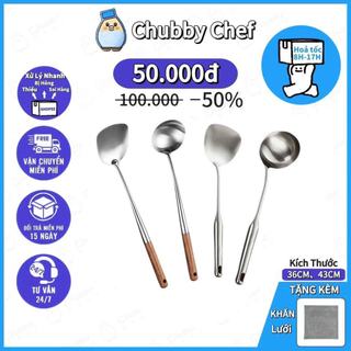 Vá inox xẻng xào inox Cao cấp cán gỗ dài 43cm loại dày Chubby Chef thân dài liền và chống nóng vá canh xẻng xào thức ăn