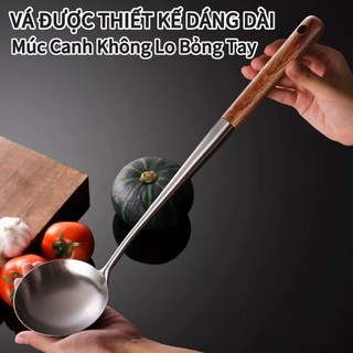 Vá inox xẻng xào inox Cao cấp cán gỗ dài 43cm loại dày Chubby Chef thân dài liền và chống nóng vá canh xẻng xào thức ăn