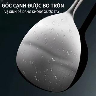 Vá inox xẻng xào inox Cao cấp cán gỗ dài 43cm loại dày Chubby Chef thân dài liền và chống nóng vá canh xẻng xào thức ăn