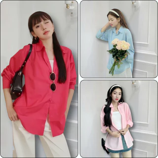 Áo sơ mi nữ tay dài form rộng lụa cát hàn trơn thêu hình ngựa nhiều màu basic, áo sơ mi kiểu nữ hè