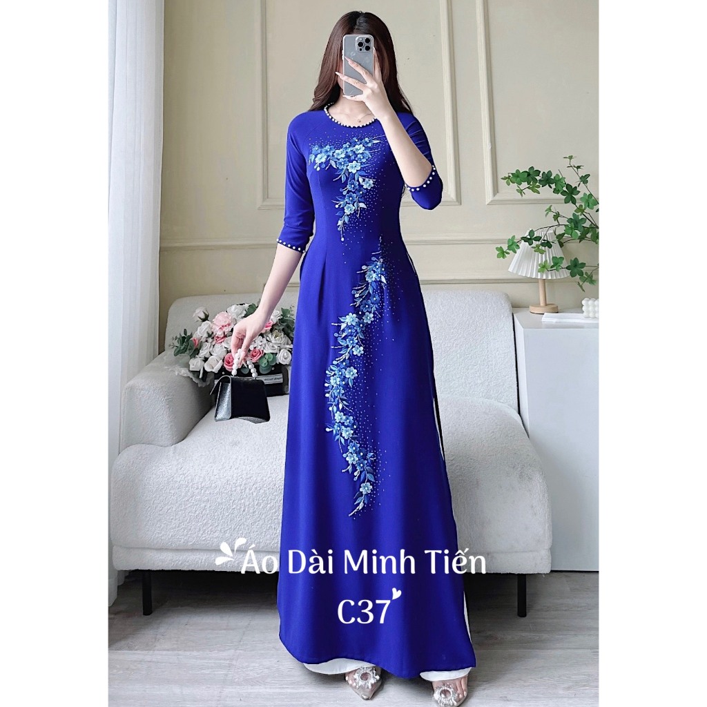 Áo Dài Lụa Mỹ Cao Cấp Họa Tiết Thêu + Đính Kết Đá Thủ Công Tỉ Mỉ - Mã C37