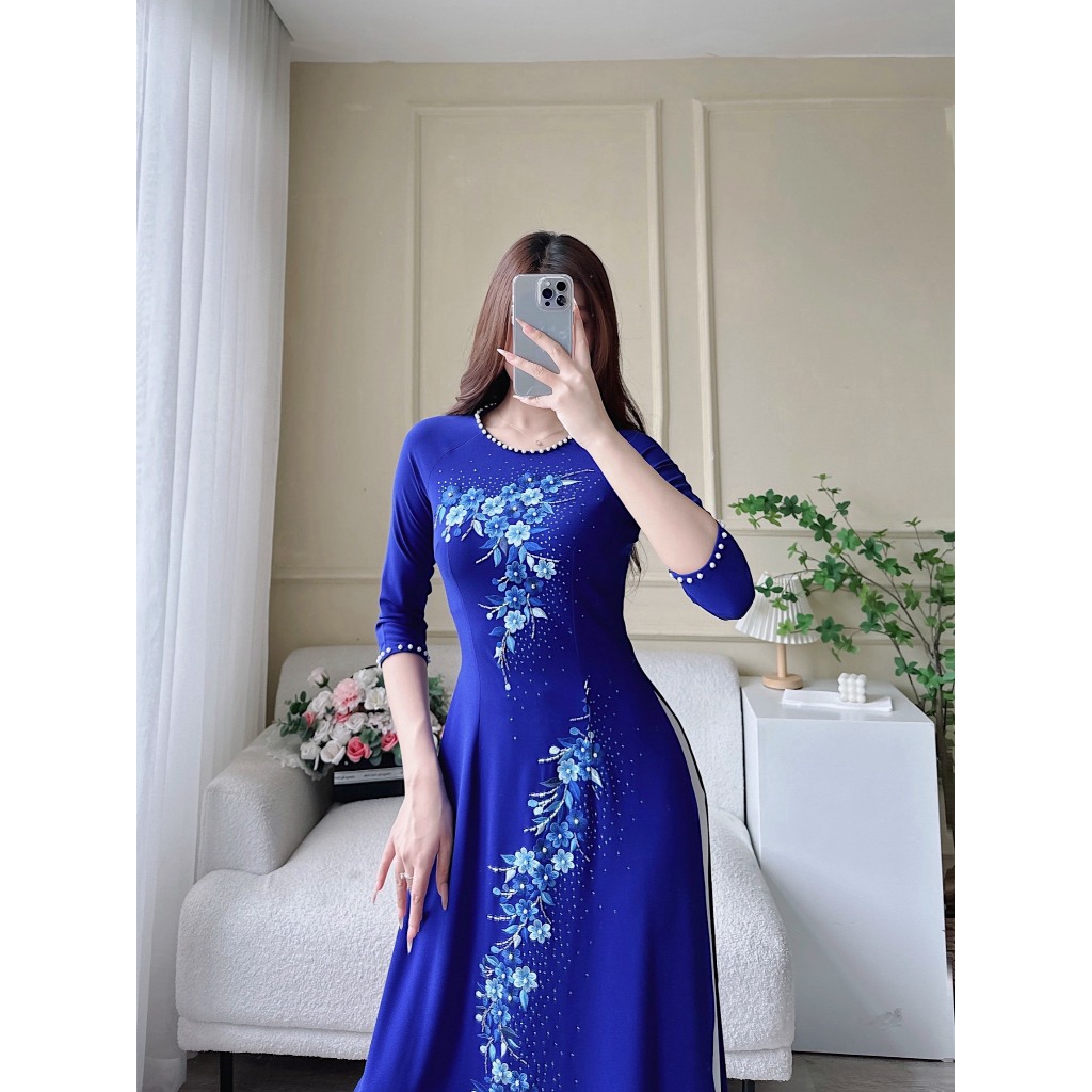 Áo Dài Lụa Mỹ Cao Cấp Họa Tiết Thêu + Đính Kết Đá Thủ Công Tỉ Mỉ - Mã C37