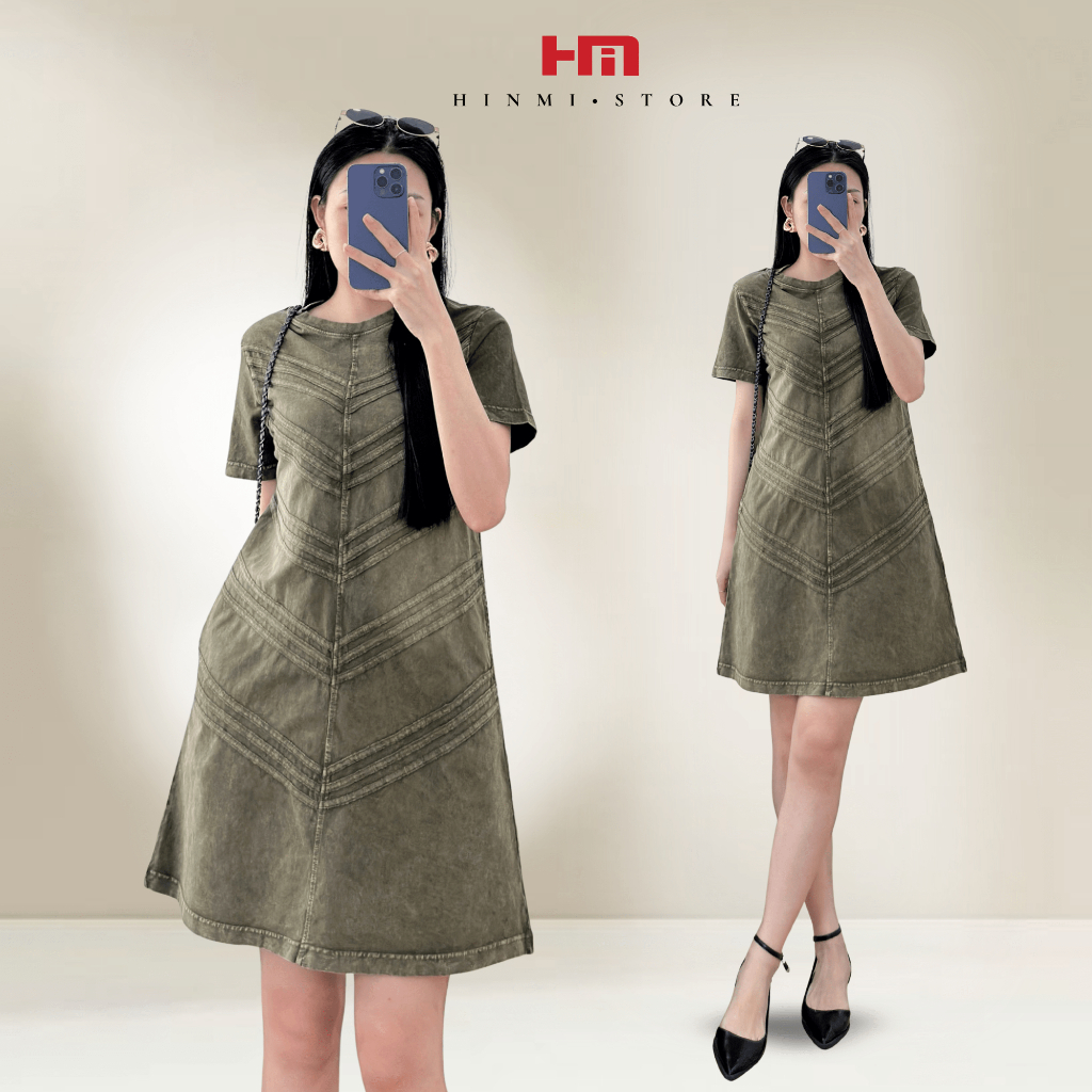 Váy Chữ A Wash_Vải Cotton Wash_May Sọc Kiểu Xương Cá Độc Đáo_Không Kén Dáng