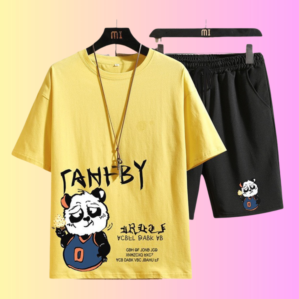 Bộ quần áo thể thao nam nữ, phối màu in hoạt hình chất thun lưới mè mùa hè tập GYM GẤU TANBY L1