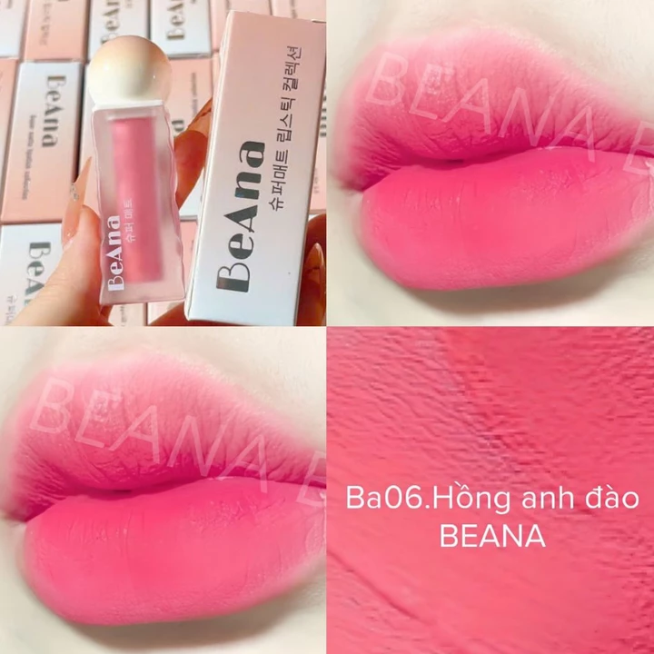 Son môi màu Hồng đào, son màu Hồng phấn, son Beana vellvet lips, chất son mướt mịn, màu tươi sáng, tự nhiên, dưỡng ẩm