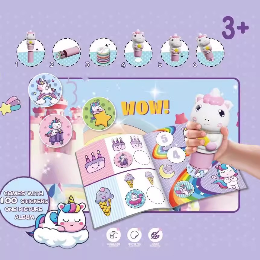 Đồ chơi con dấu sticker dễ thương cho bé, máy đóng dấu sticker tặng kèm 100 nhãn dán và 1 quyển sổ