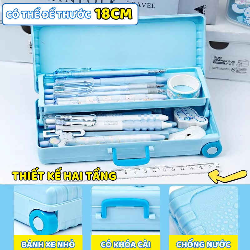 Hộp Bút Vali Kéo Sanrio 2 Tầng - Hộp Đựng Bút Chì Học Sinh, Có Bánh Xe, Họa Tiết Hoạt Hình  Dễ Thương