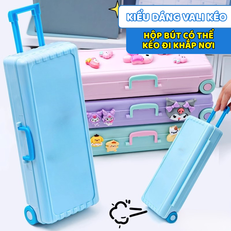 Hộp Bút Vali Kéo Sanrio 2 Tầng - Hộp Đựng Bút Chì Học Sinh, Có Bánh Xe, Họa Tiết Hoạt Hình  Dễ Thương