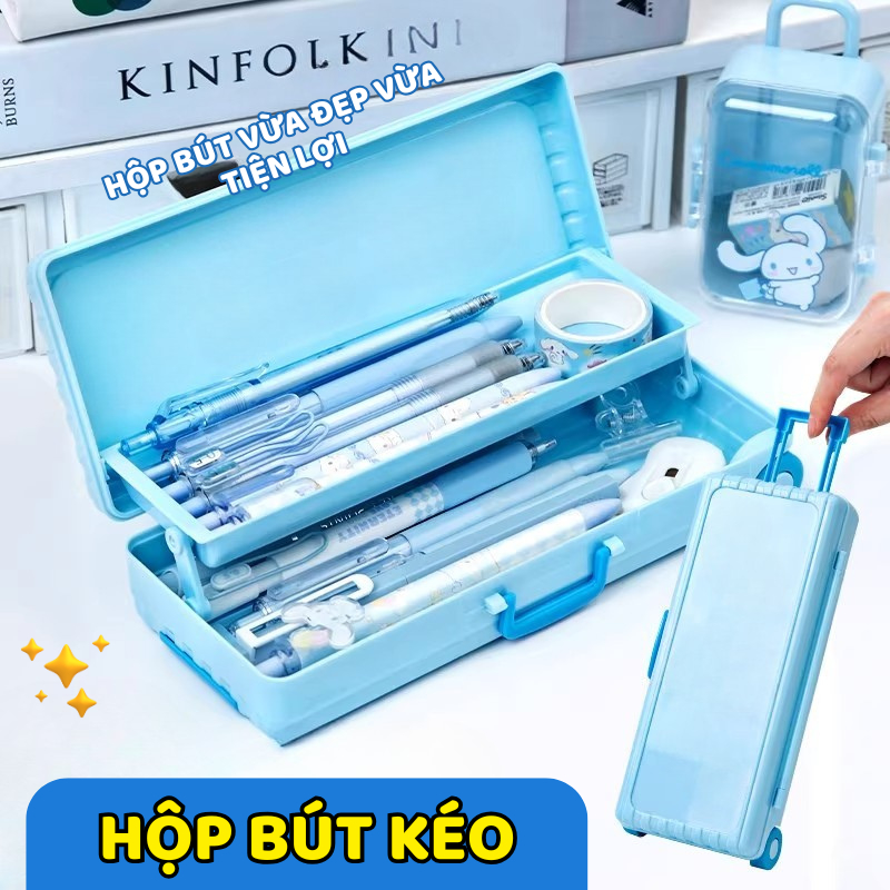 Hộp Bút Vali Kéo Sanrio 2 Tầng - Hộp Đựng Bút Chì Học Sinh, Có Bánh Xe, Họa Tiết Hoạt Hình  Dễ Thương