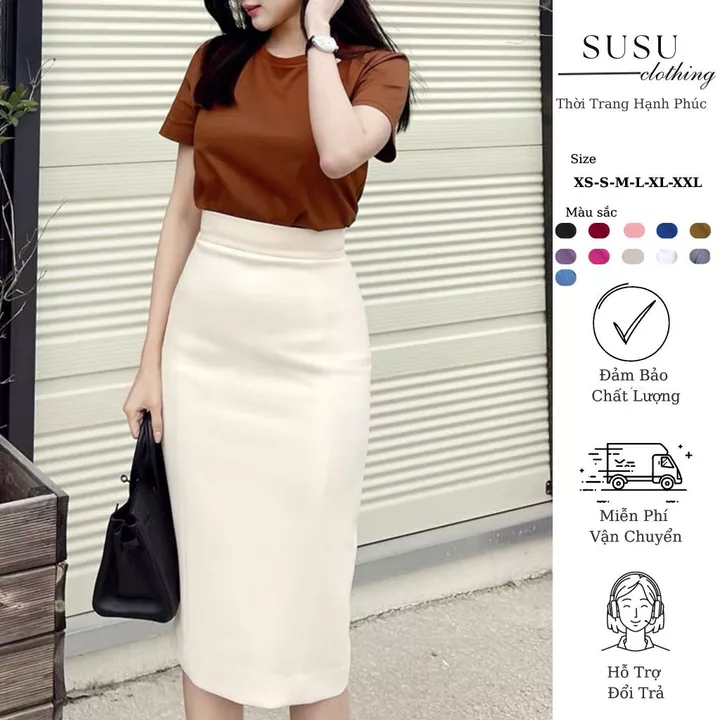 Chân Váy Bút Chì 2 Lớp Dài Qua Gối Có Cạp Chân Váy Công Sở Dáng Dài Có Xẻ Sau Susuclothing BC68