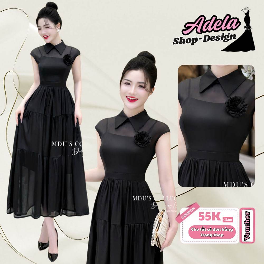 Váy Tiểu Thư ADELA DESIGN Họa Tiết Đơn Giản Cố Sơ Mi Basic Đính Kèm Hoa Hồng Đen Sang Trọng MDU4380