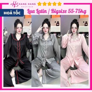 Đồ ngủ nữ bigsize 55-75kg, pijama dài tay cổ bèo viền zz lụa latin mịn mát 75DD33, đồ bộ nữ đồ mặc nhà tiểu thư trơn