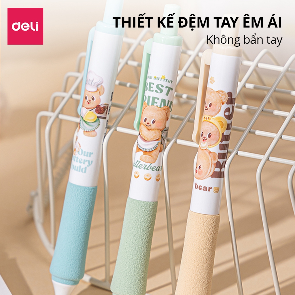 Bút Gel Bút Bi Nước Butterbear Deli Dễ Thương Viết Trơn Tru Có Đệm Tay Êm Ái Mực Đen Ngòi 0.5mm