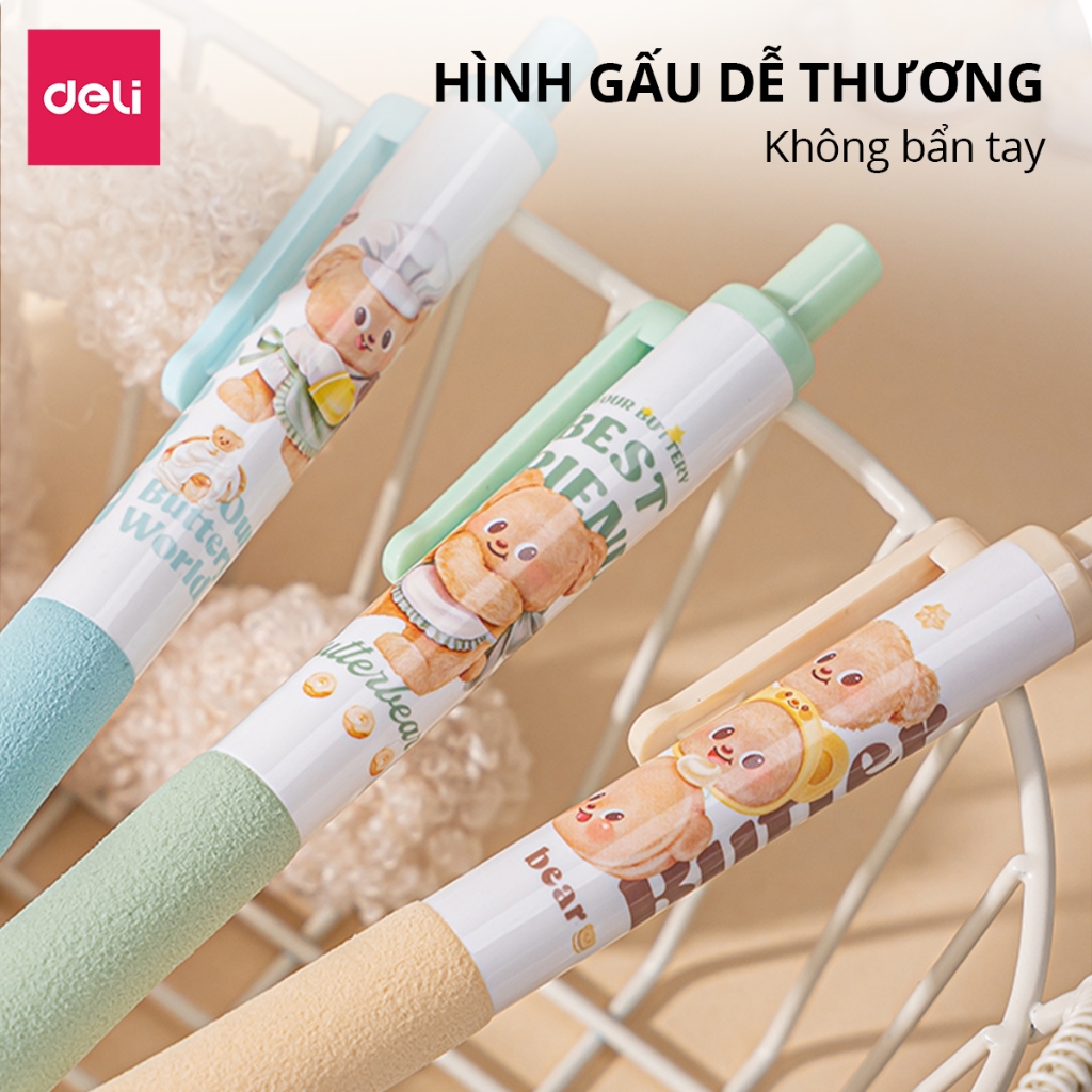 Bút Gel Bút Bi Nước Butterbear Deli Dễ Thương Viết Trơn Tru Có Đệm Tay Êm Ái Mực Đen Ngòi 0.5mm